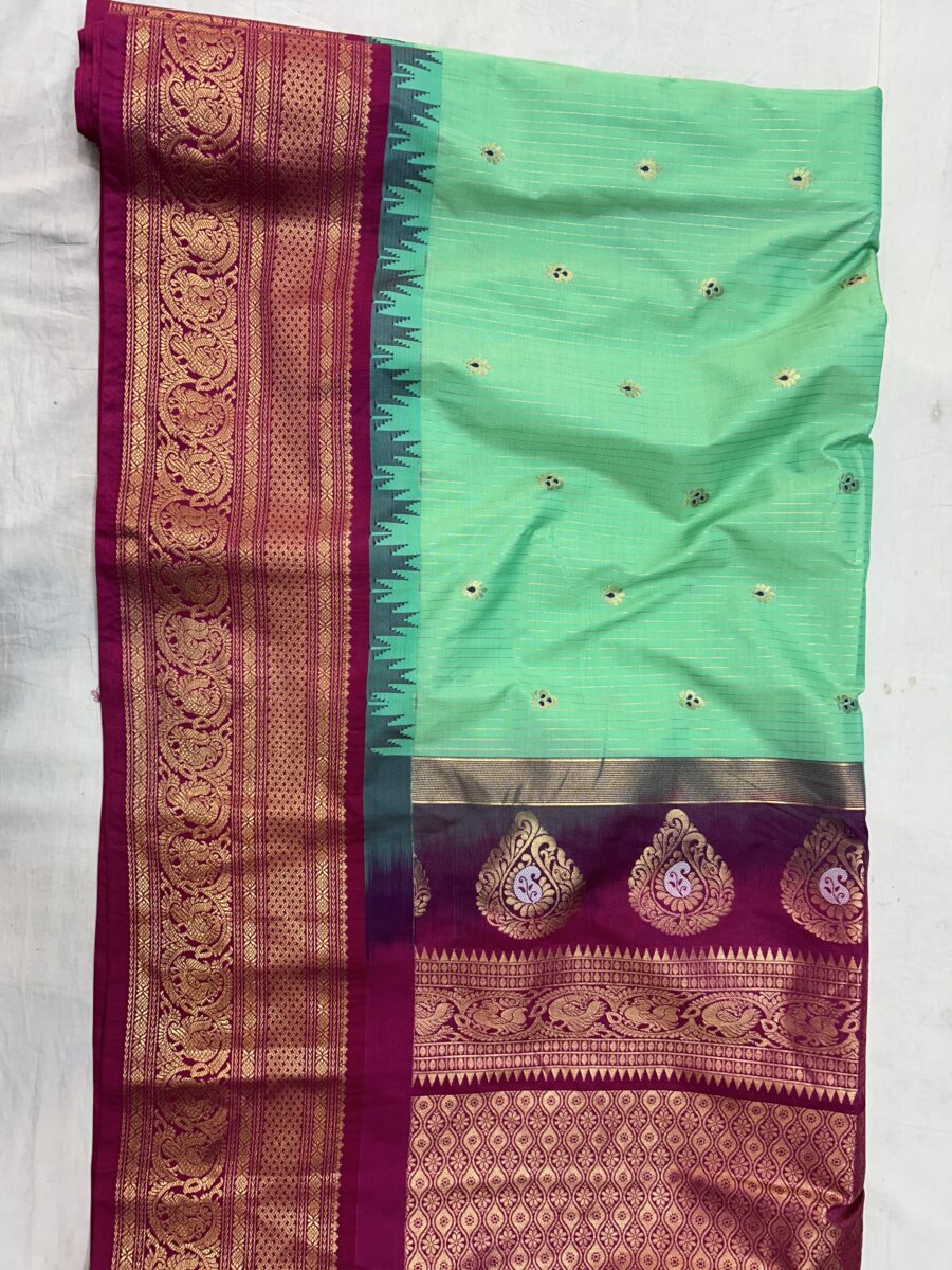 Mint Green Saree with Magenta Border - Premium Semi Gadwal