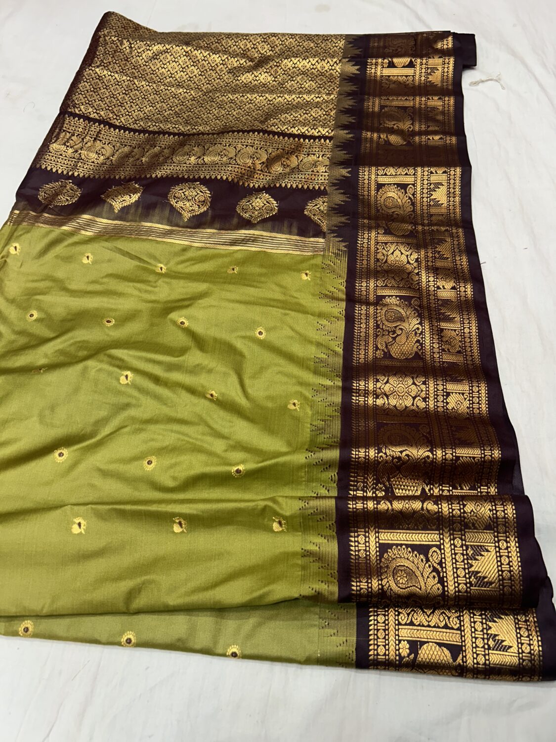 Olive Green Saree with Dark Brown Border - Premium Semi Gadwal