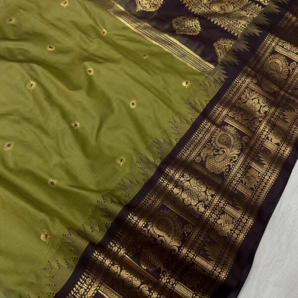 Olive Green Saree with Dark Brown Border - Premium Semi Gadwal