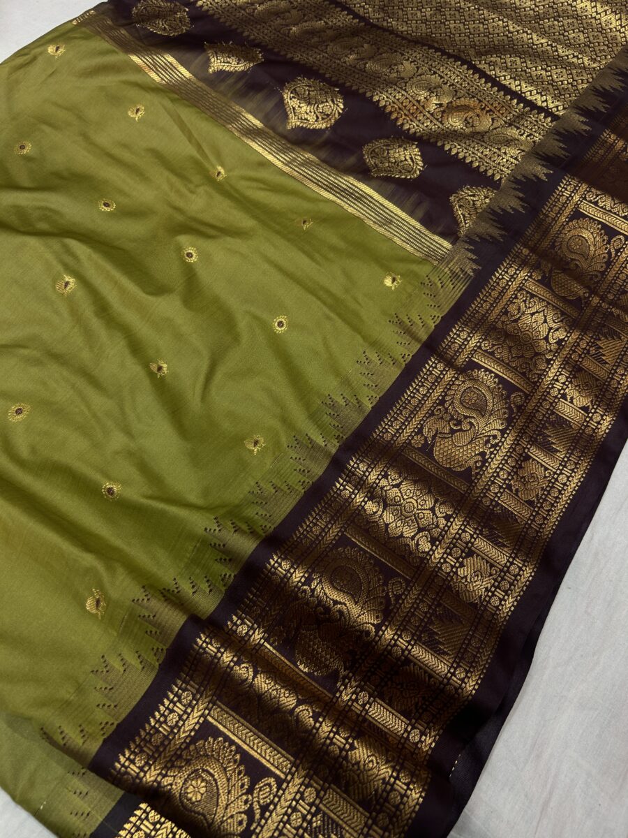 Olive Green Saree with Dark Brown Border - Premium Semi Gadwal