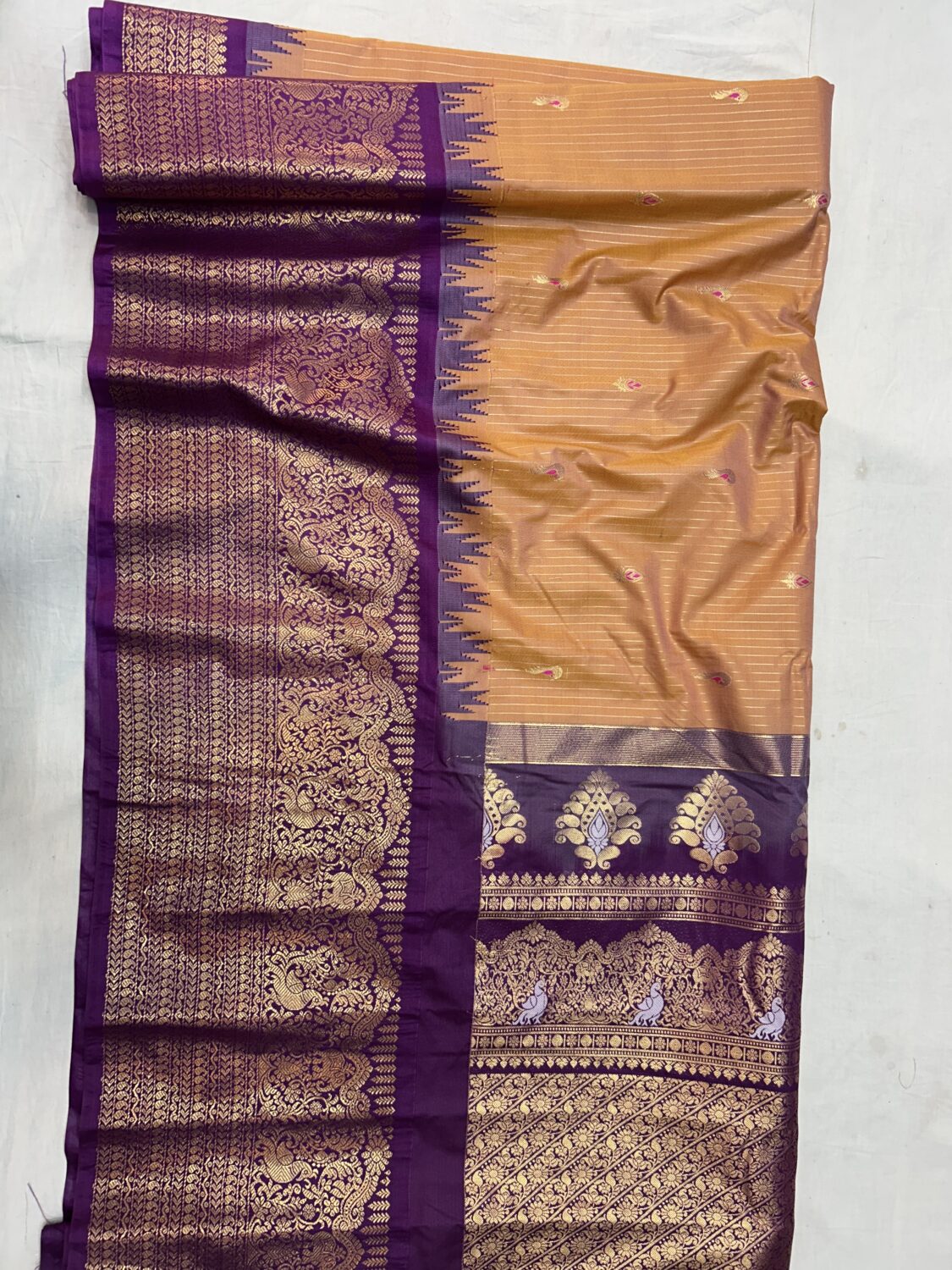 Peach Gold Dual Tone Saree with Purple Border - Premium Semi Gadwal