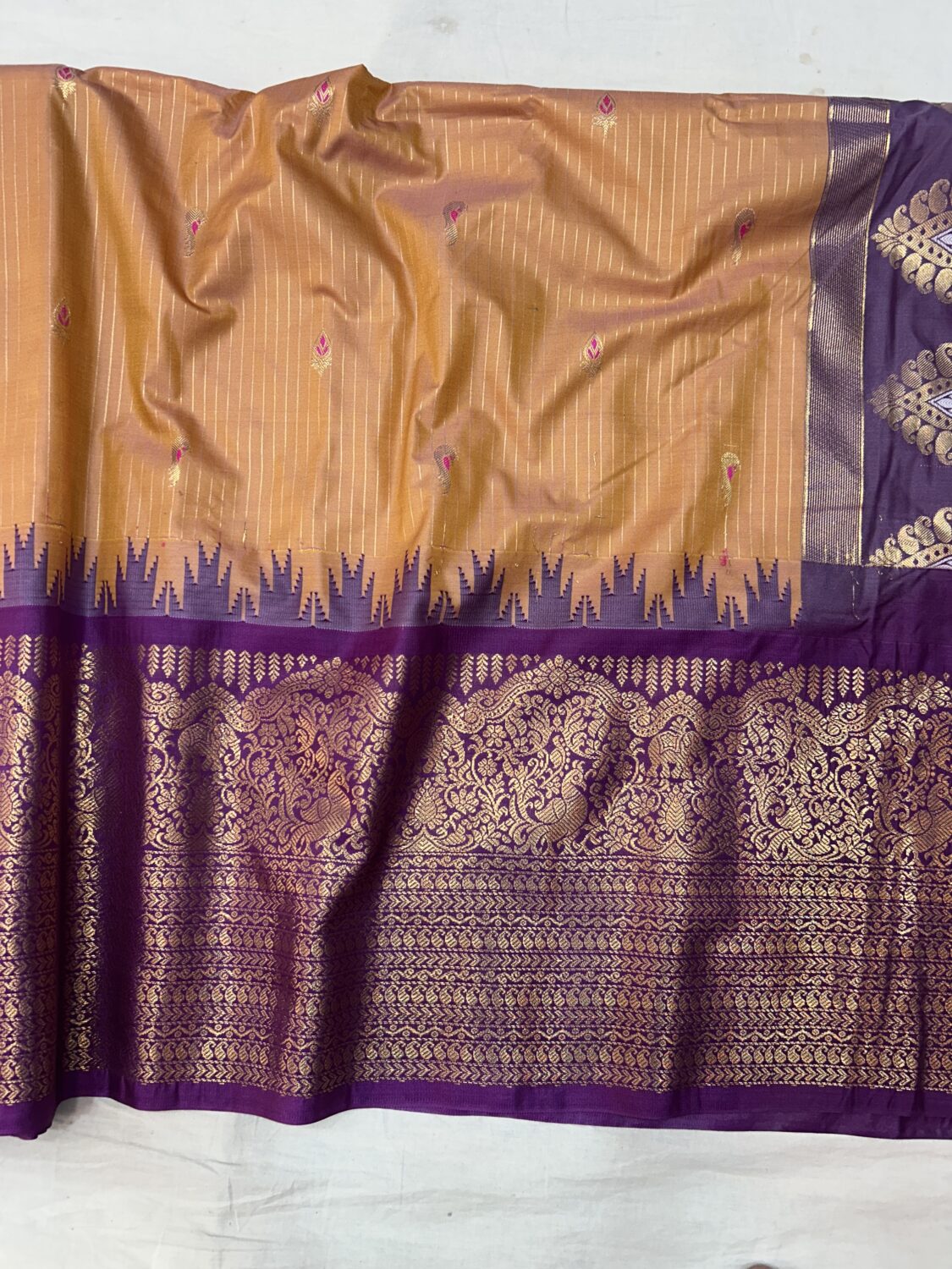 Peach Gold Dual Tone Saree with Purple Border - Premium Semi Gadwal