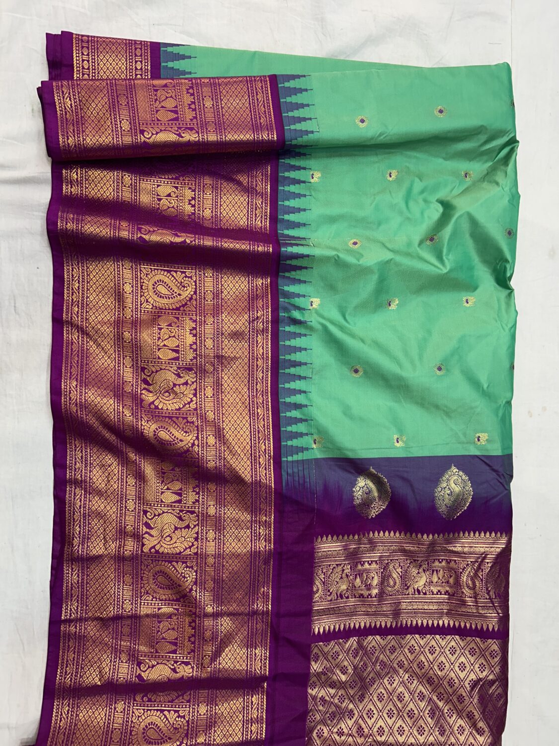 Sea Green Saree with Purple Border - Premium Semi Gadwal