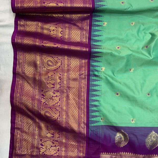 Sea Green Saree with Purple Border - Premium Semi Gadwal