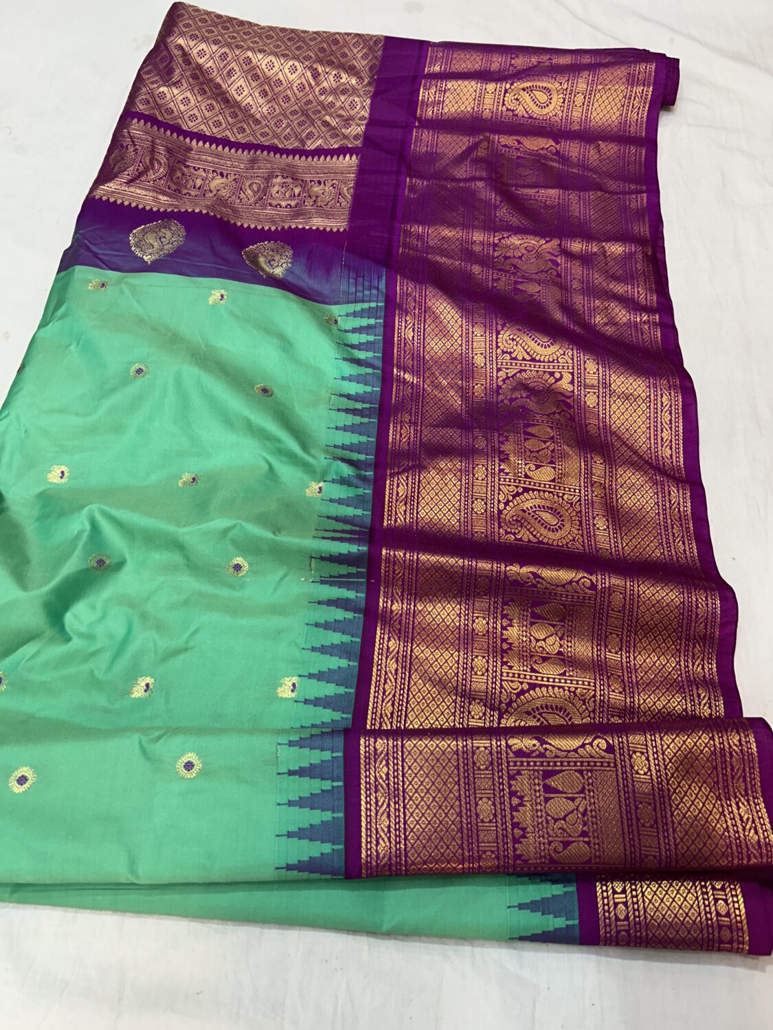Sea Green Saree with Purple Border - Premium Semi Gadwal