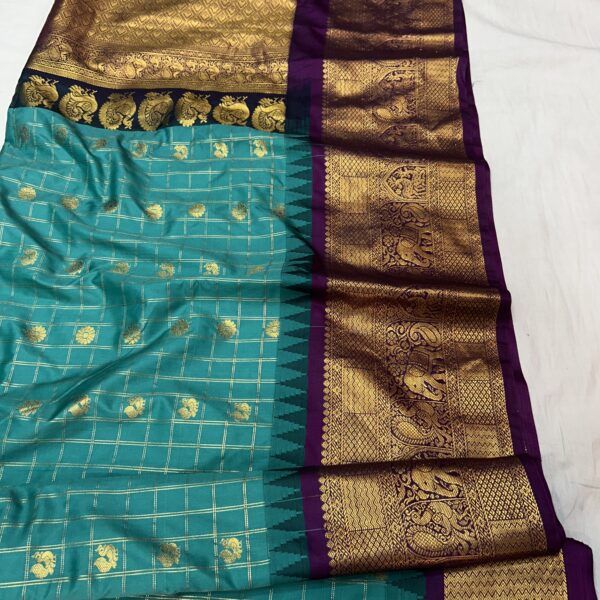 Teal Blue Saree with Purple Border - Premium Semi Gadwal