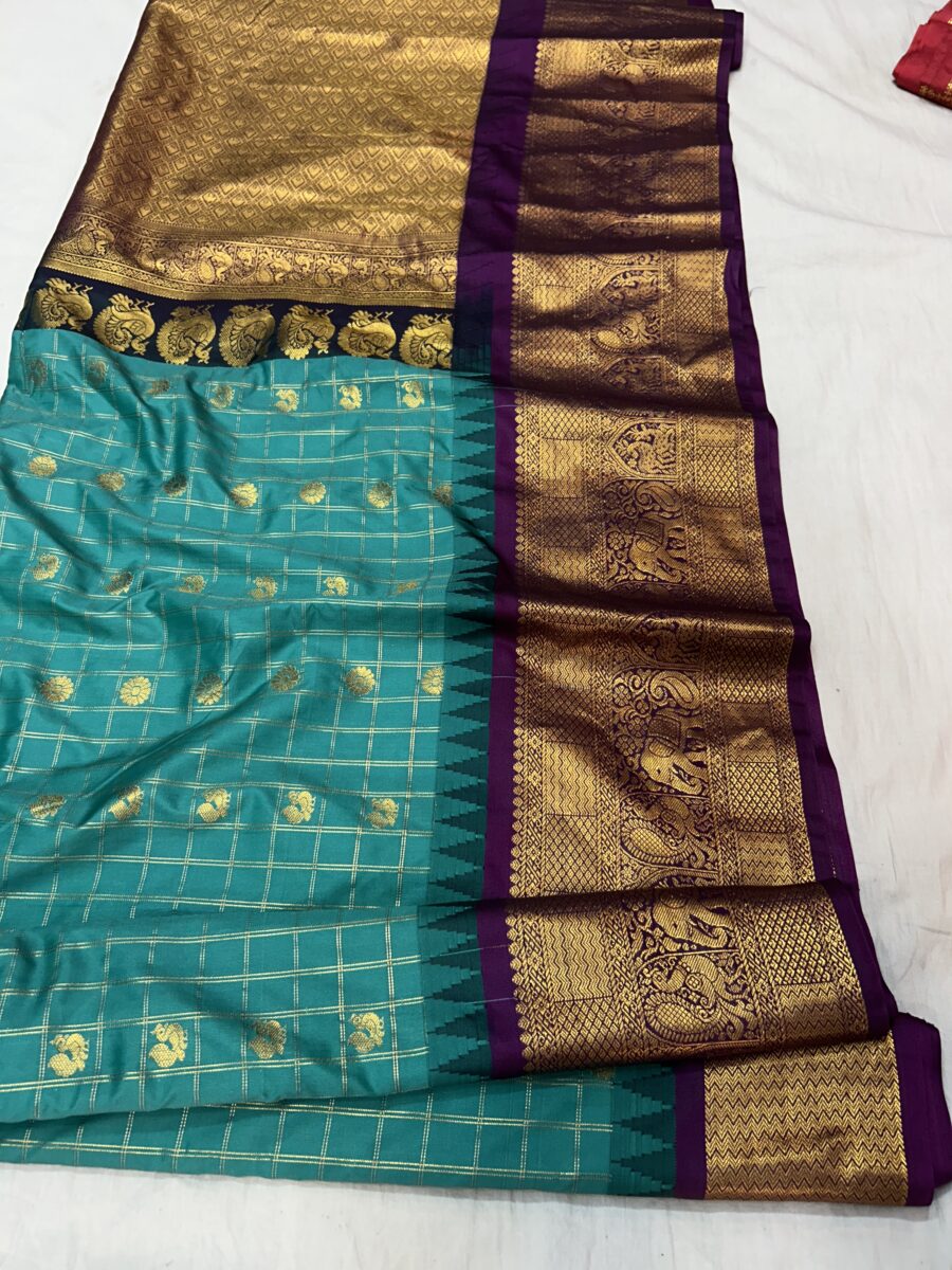 Teal Blue Saree with Purple Border - Premium Semi Gadwal