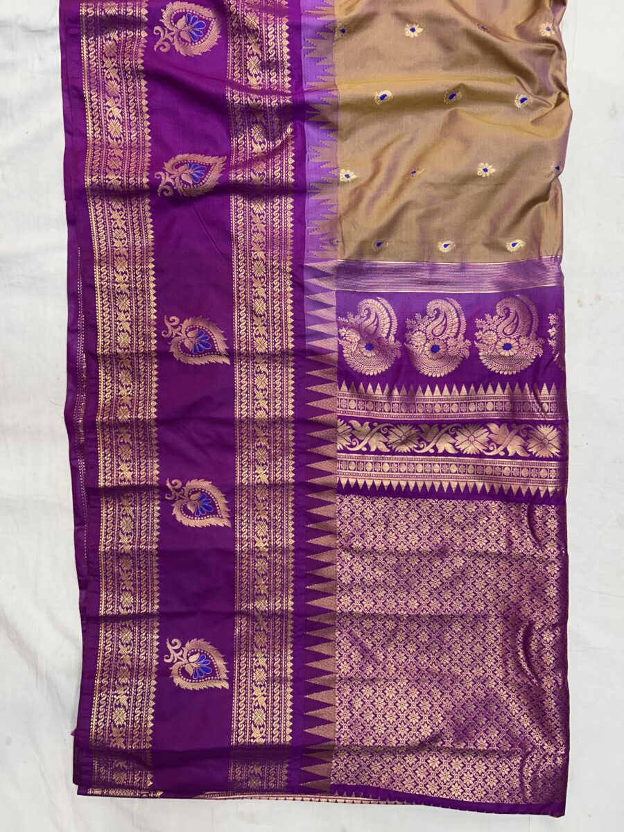 Beige Gold Dual Tone Saree with Purple Border - Premium Semi Gadwal
