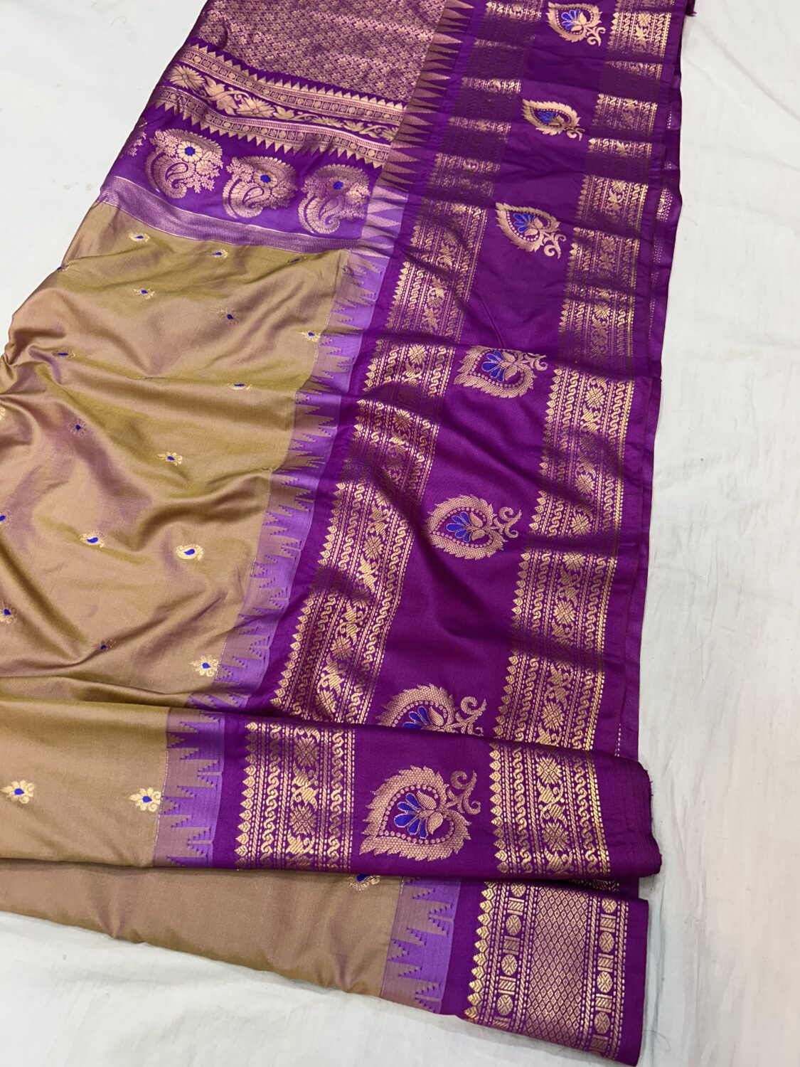 Beige Gold Dual Tone Saree with Purple Border - Premium Semi Gadwal