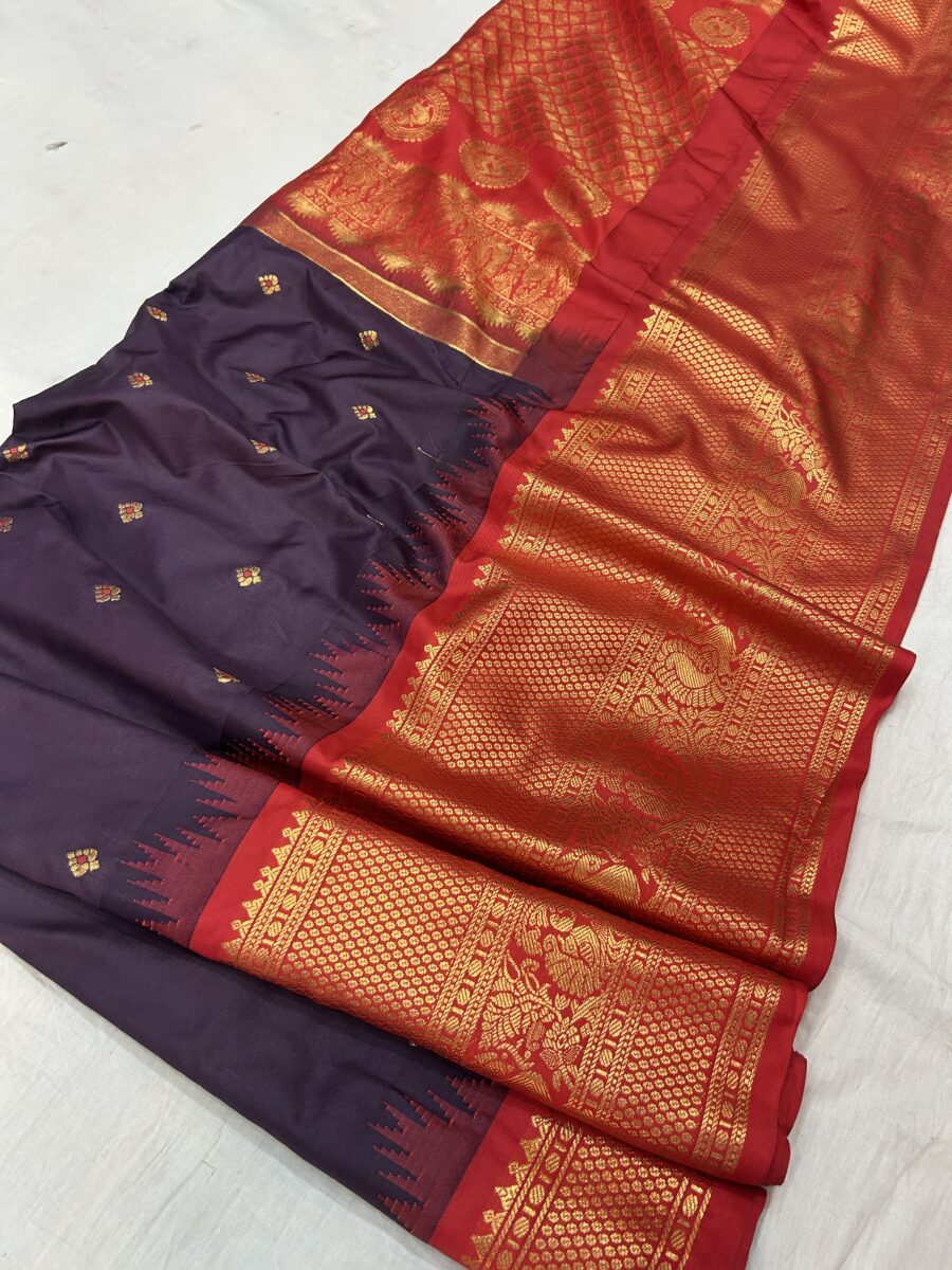 Dark Purple Black Dual Tone Saree with Red Border - Premium Semi Gadwal