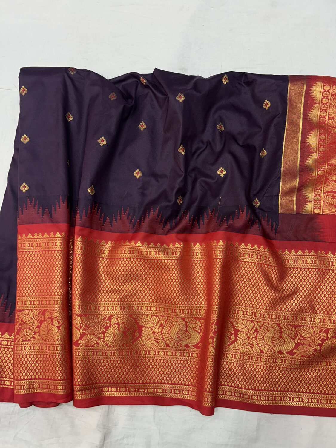 Dark Purple Black Dual Tone Saree with Red Border - Premium Semi Gadwal