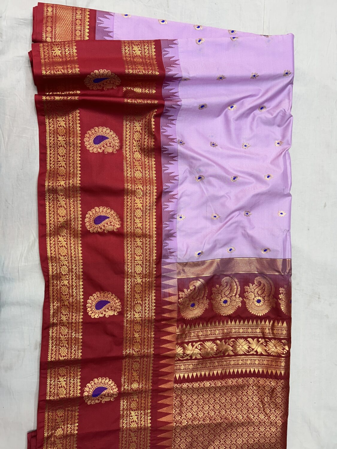 Light Pink Saree with Maroon Border - Premium Semi Gadwal