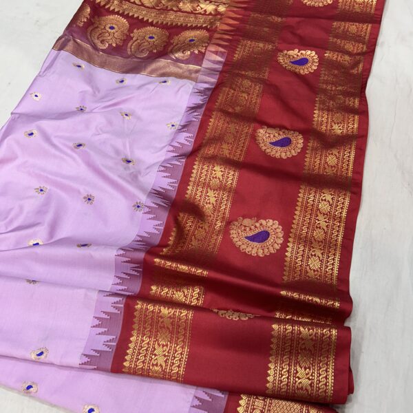 Light Pink Saree with Maroon Border - Premium Semi Gadwal