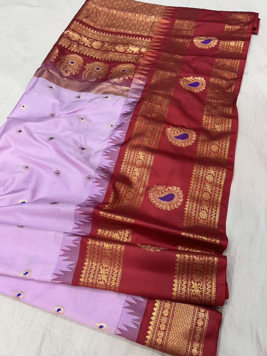 Light Pink Saree with Maroon Border - Premium Semi Gadwal