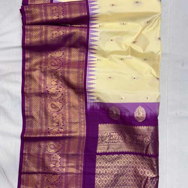 Cream Saree with Purple Border - Premium Semi Gadwal