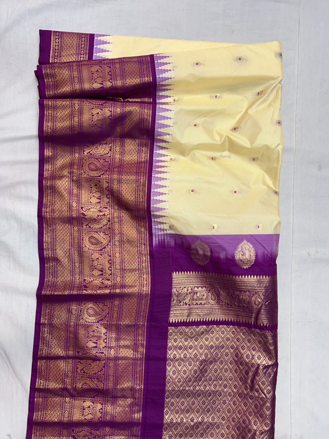 Cream Saree with Purple Border - Premium Semi Gadwal