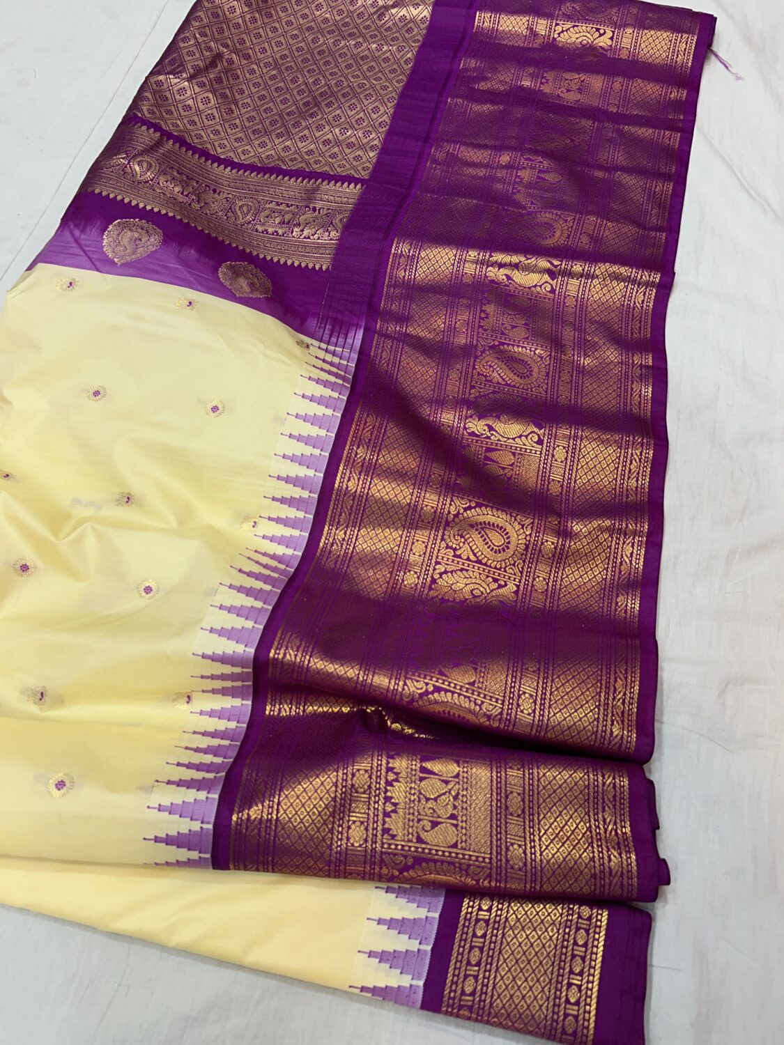 Cream Saree with Purple Border - Premium Semi Gadwal