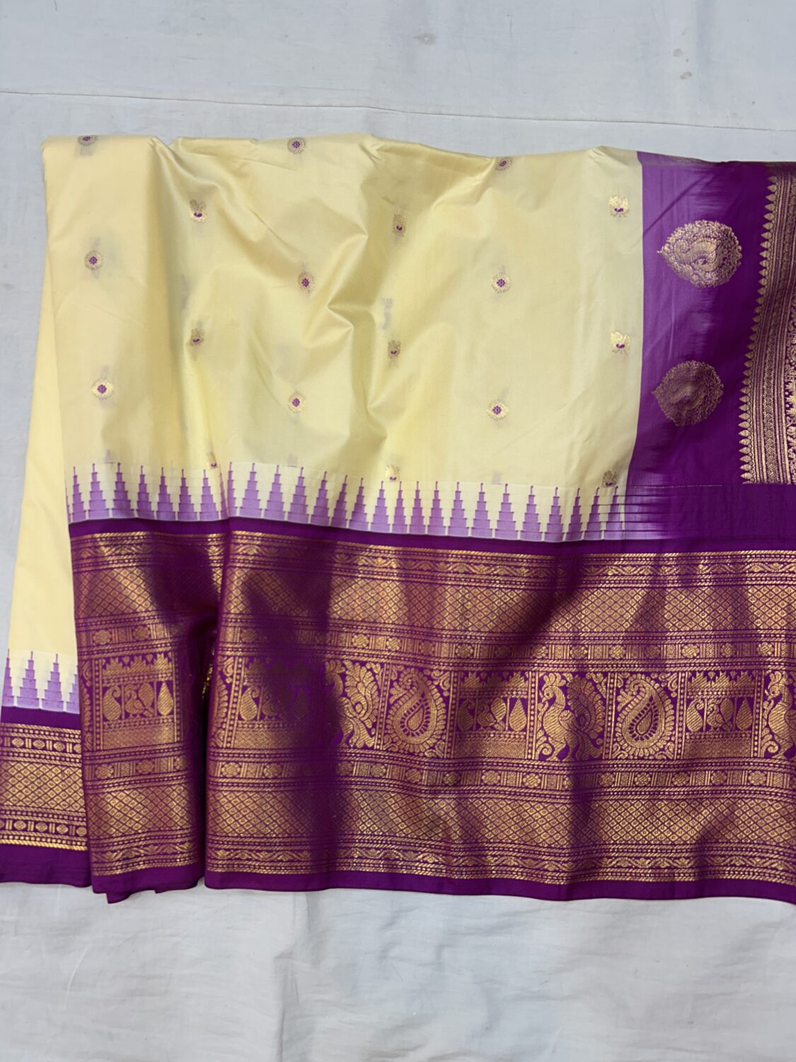Cream Saree with Purple Border - Premium Semi Gadwal
