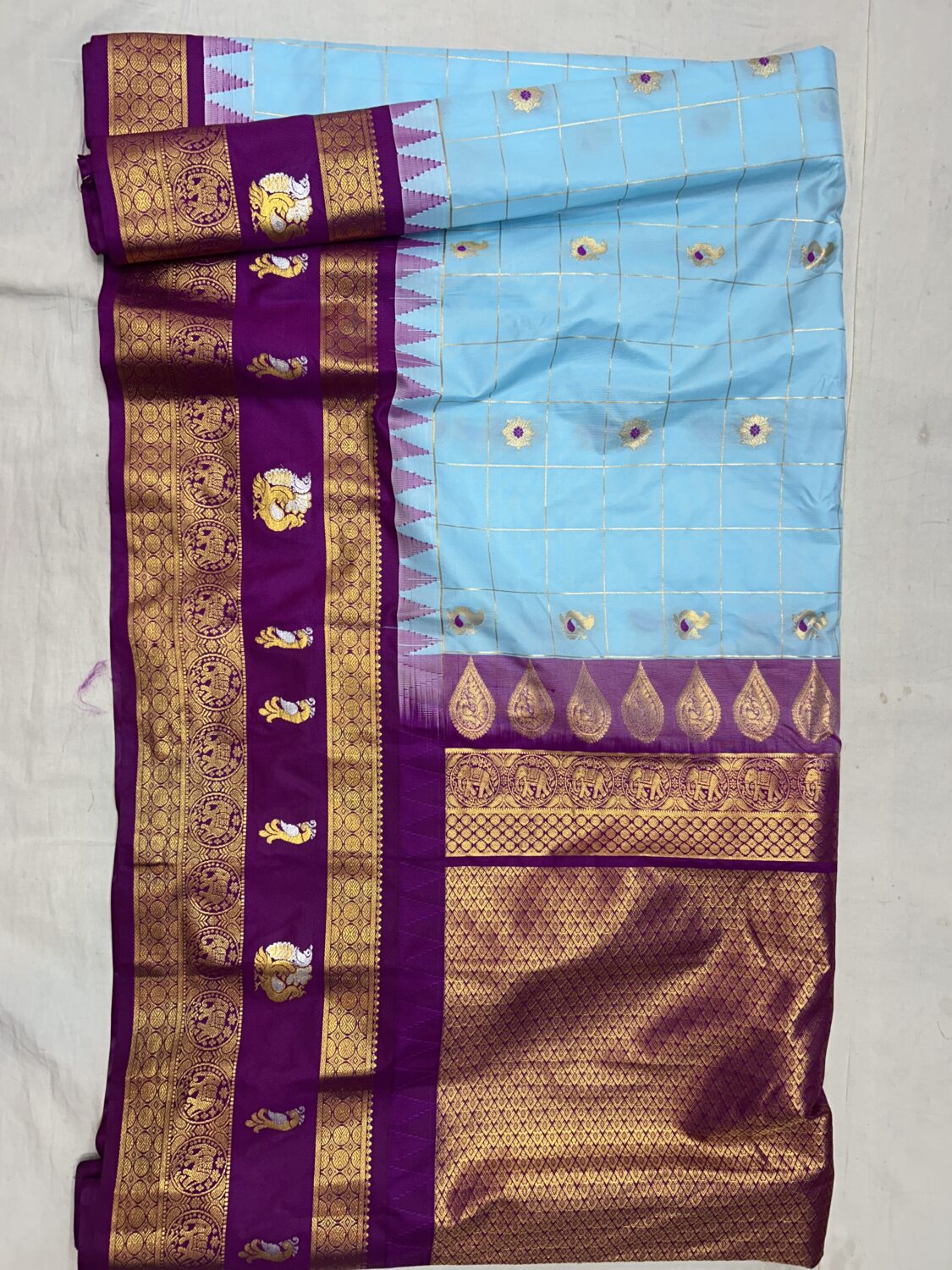 Sky Blue Saree with Purple Border - Premium Semi Gadwal