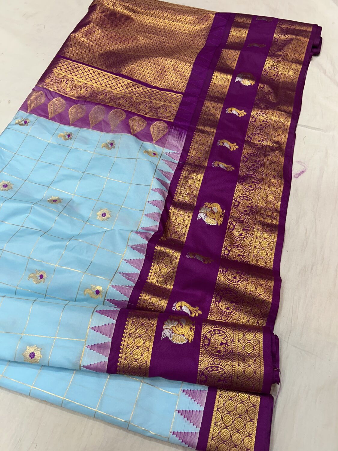 Sky Blue Saree with Purple Border - Premium Semi Gadwal