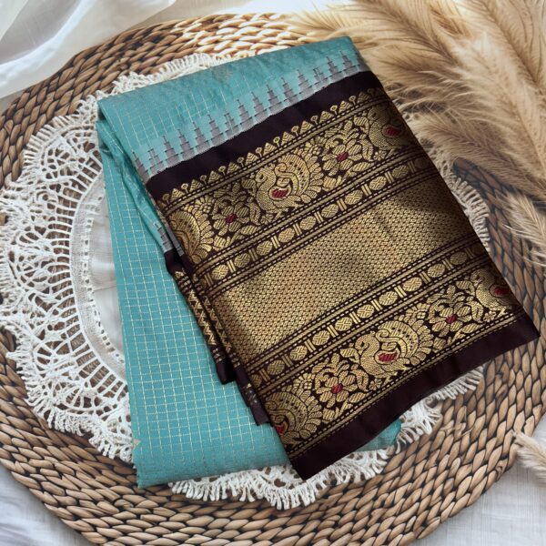 Aqua Blue Coffee Brown Pallu Semi Gadwal Saree
