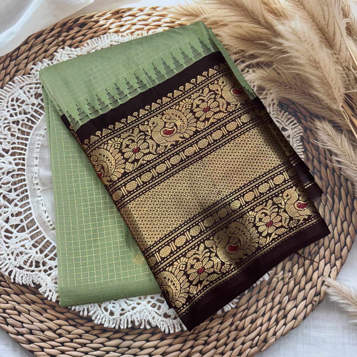 Pista Green Coffee Brown Pallu Semi Gadwal Saree