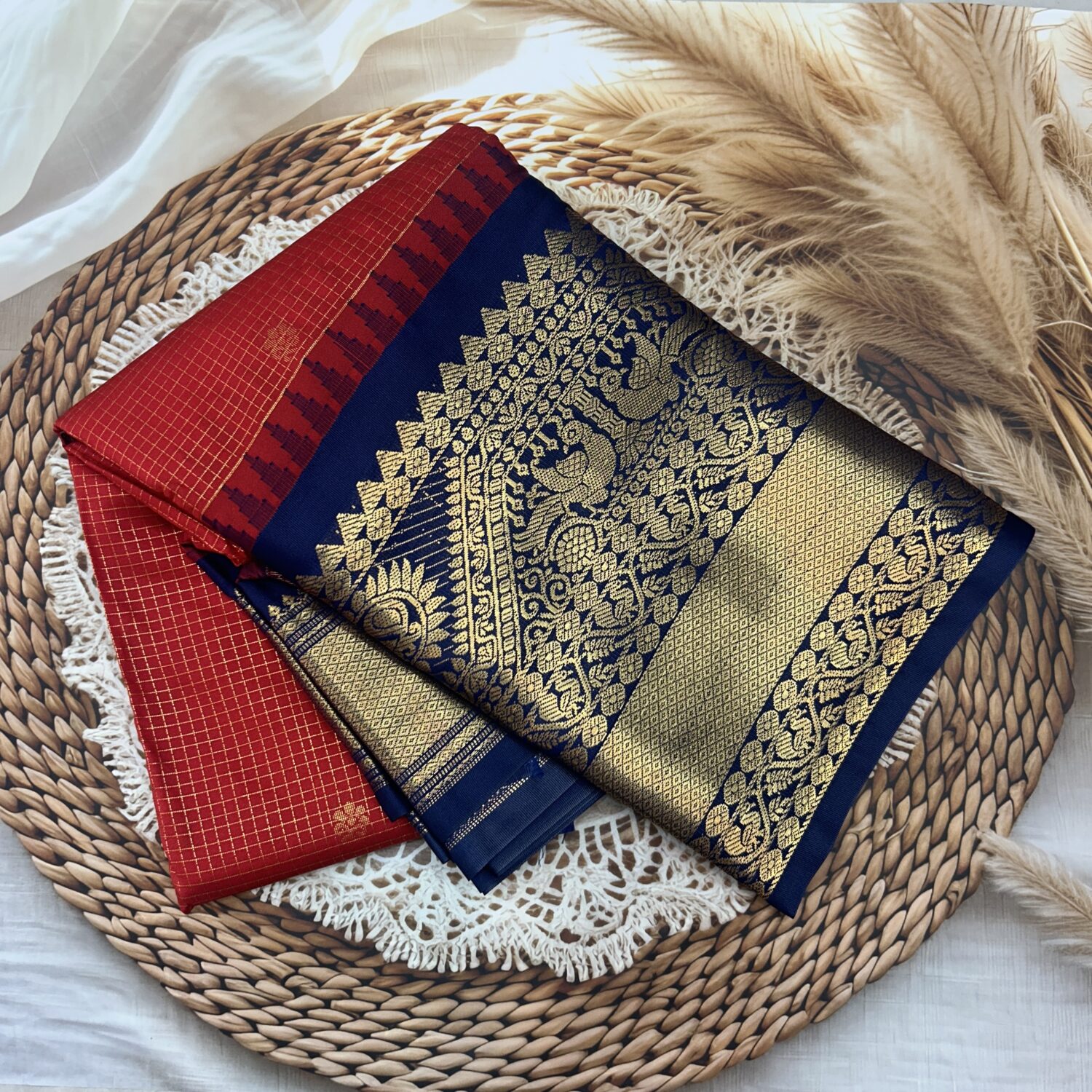 Red Navy Blue Pallu Semi Gadwal Saree