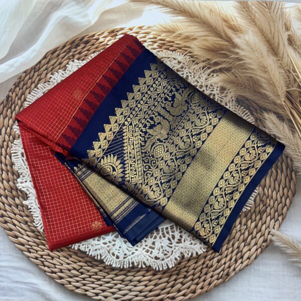 Red Navy Blue Pallu Semi Gadwal Saree