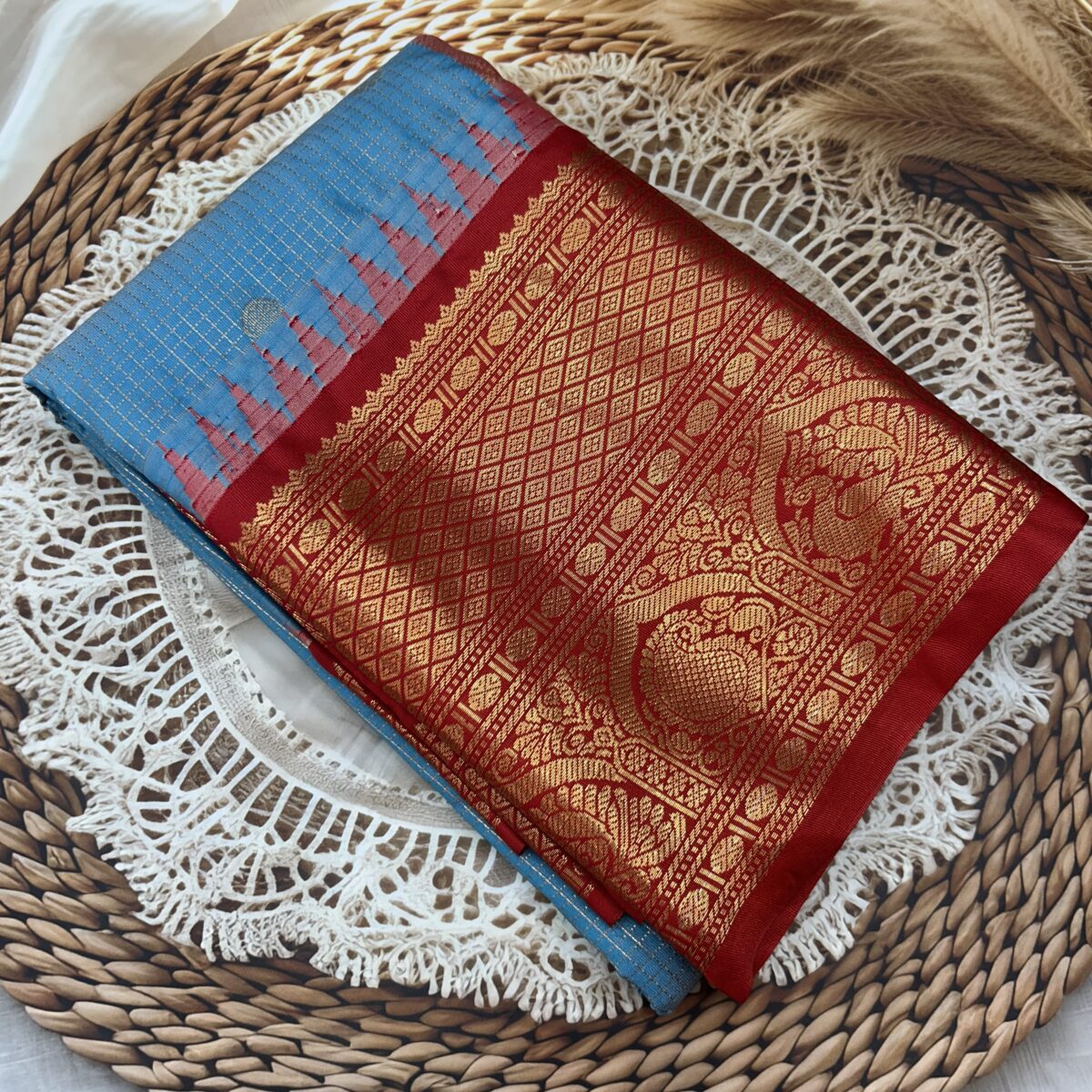 Sky Blue Red Pallu Semi Gadwal Saree