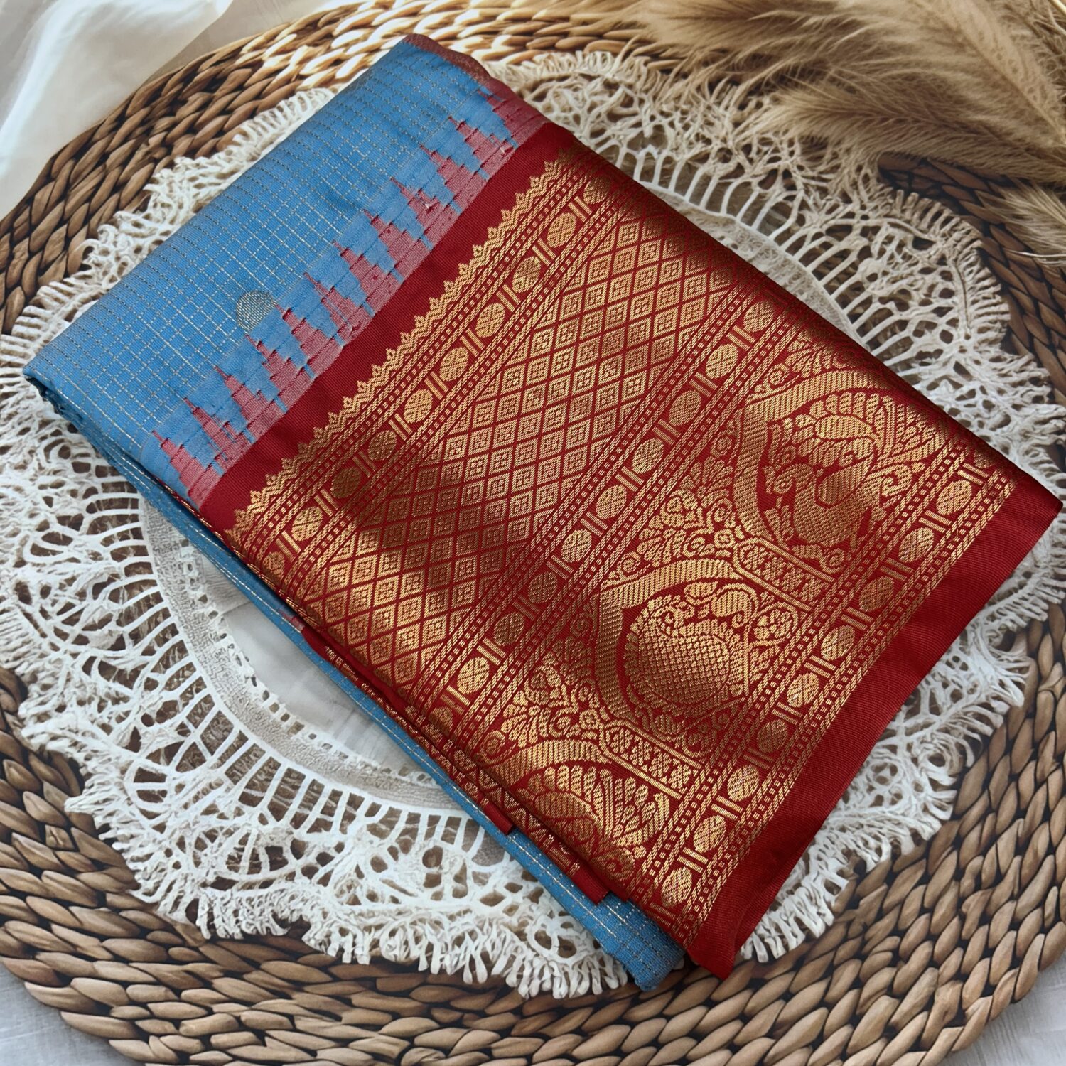 Sky Blue Red Pallu Semi Gadwal Saree