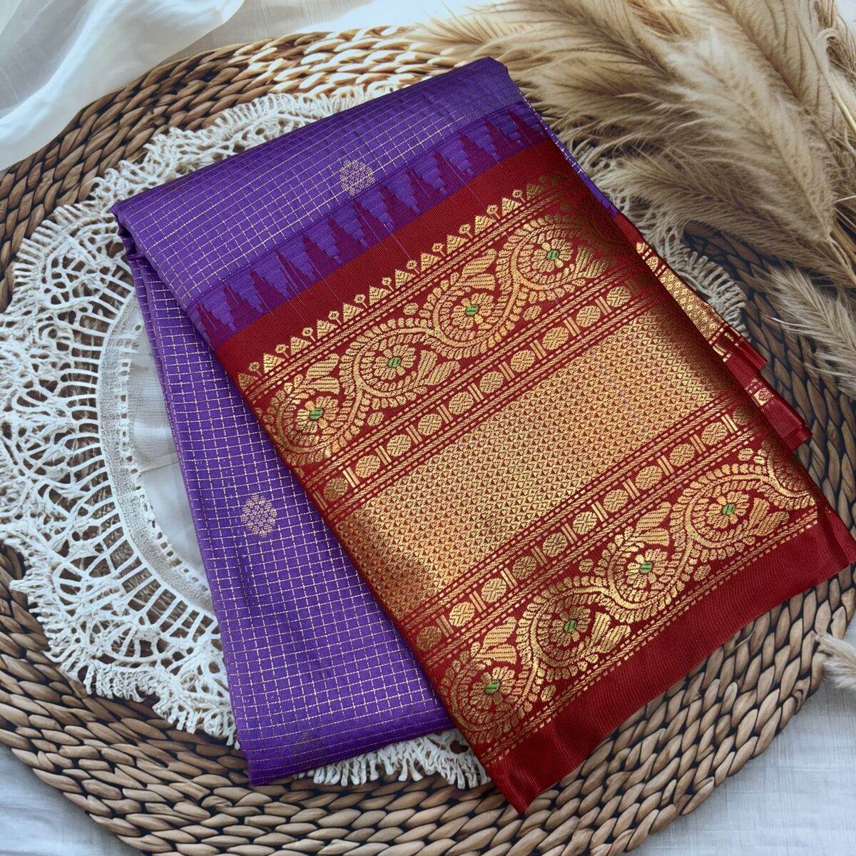 Violet Red Pallu Semi Gadwal Saree