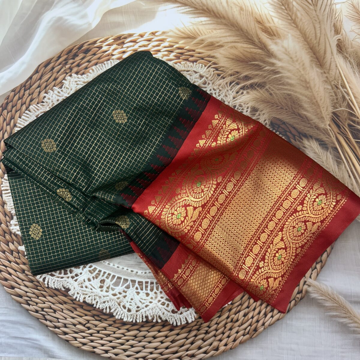 Bottle Green Red Pallu Semi Gadwal Saree