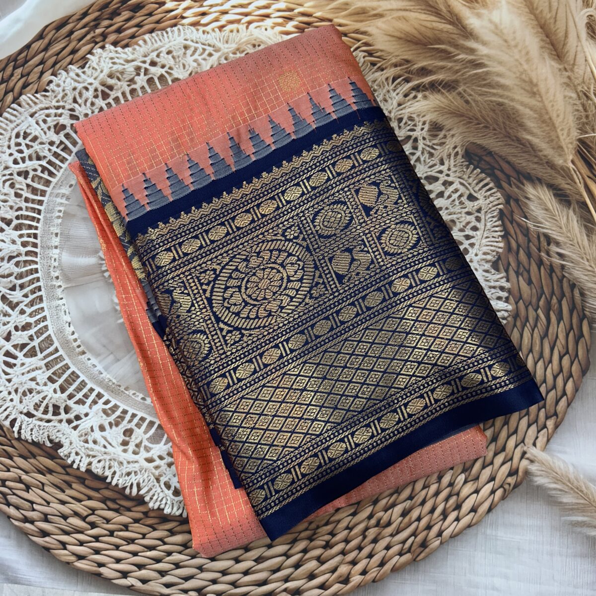 Peach Navy Blue Pallu Semi Gadwal Saree