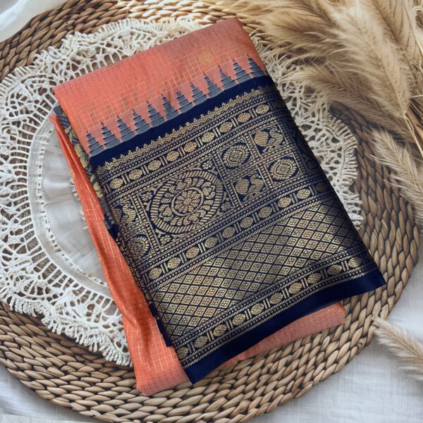 Peach Navy Blue Pallu Semi Gadwal Saree