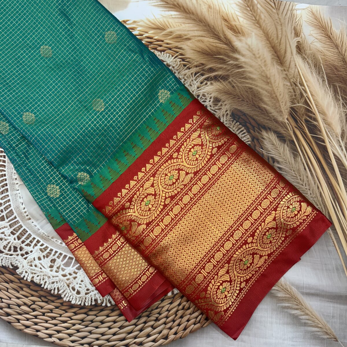 Peacock Teal Green Red Pallu Semi Gadwal Saree