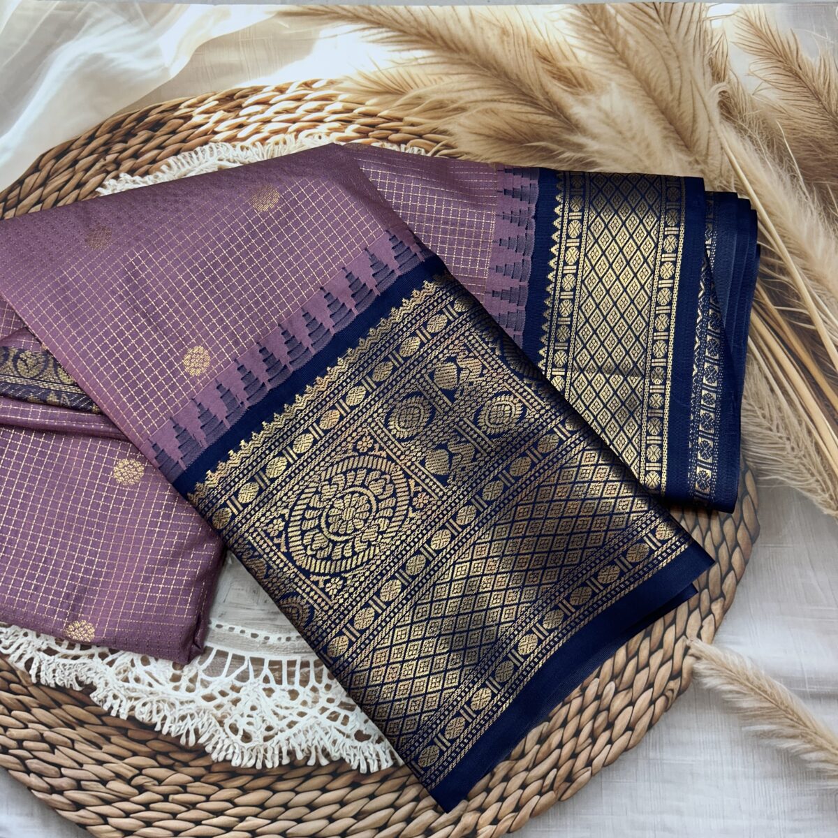 Mauve Navy Blue Pallu Semi Gadwal Saree