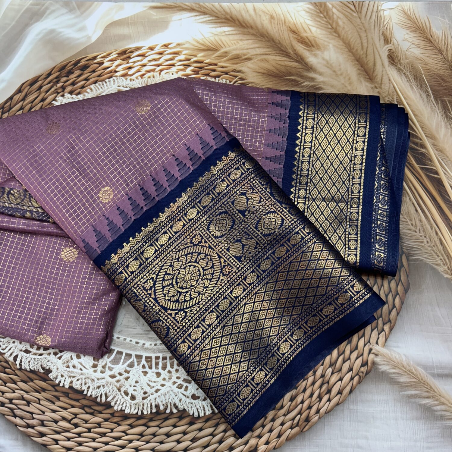 Mauve Navy Blue Pallu Semi Gadwal Saree