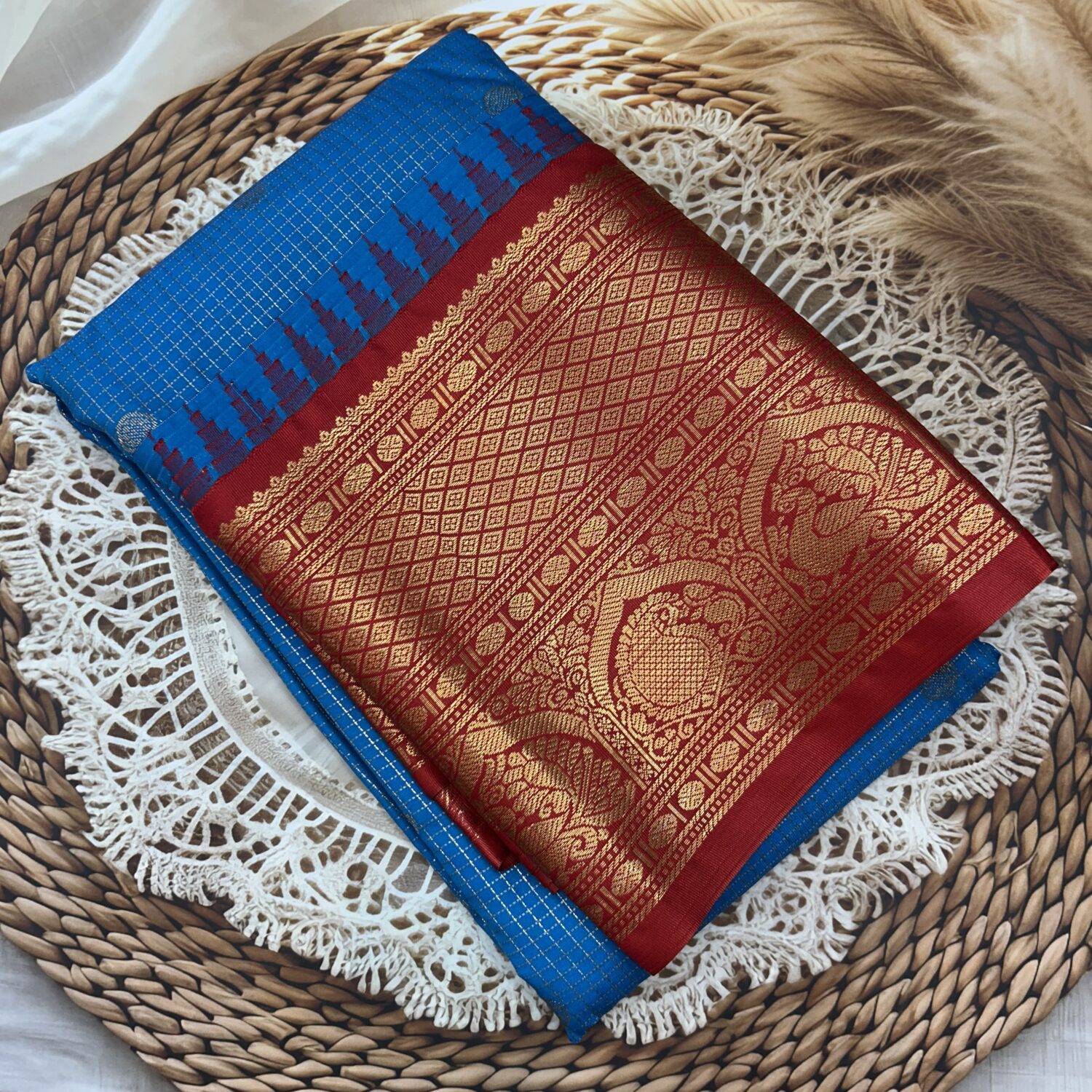Royal Blue Maroon Red Pallu Semi Gadwal Saree
