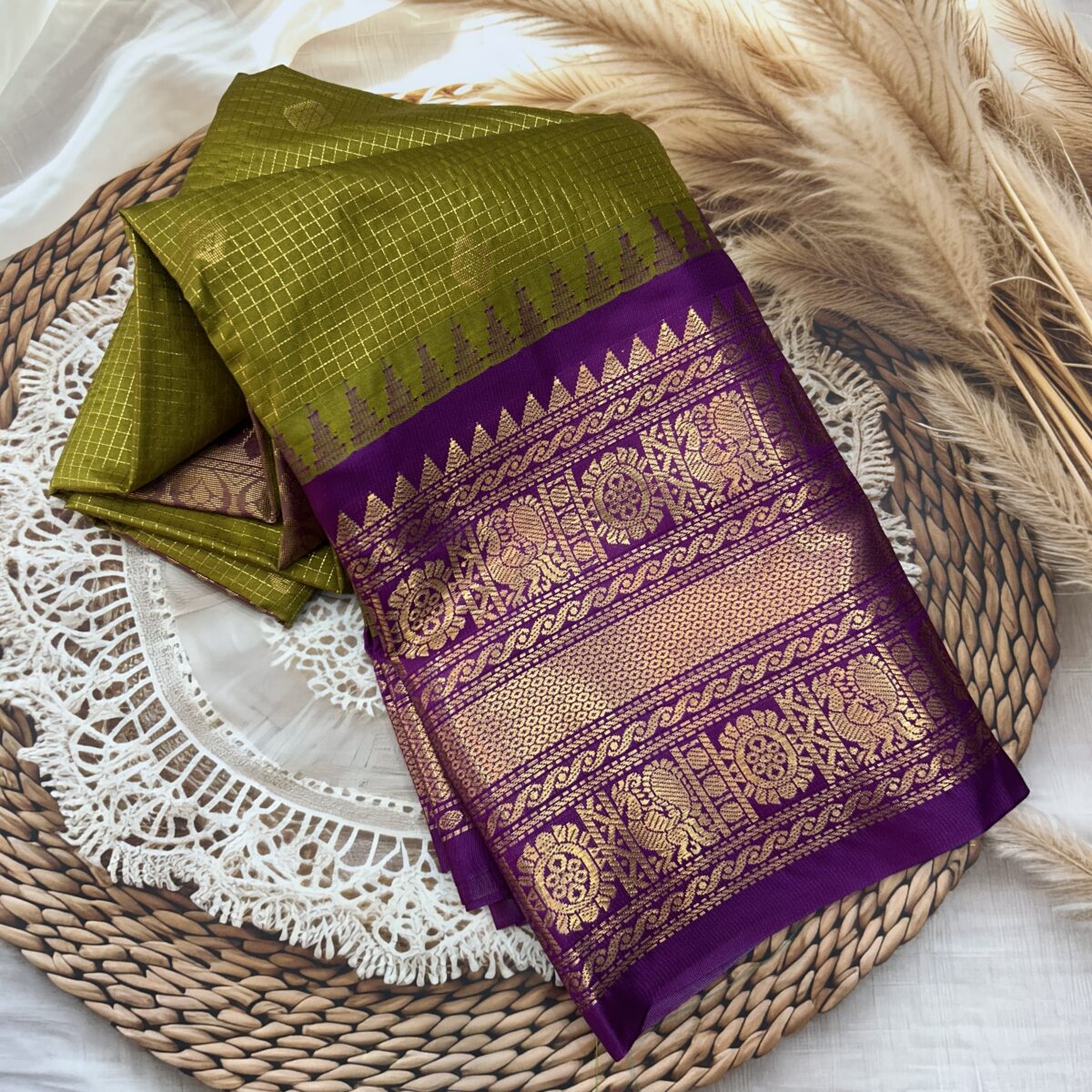 Olive Green Purple Pallu Semi Gadwal Saree