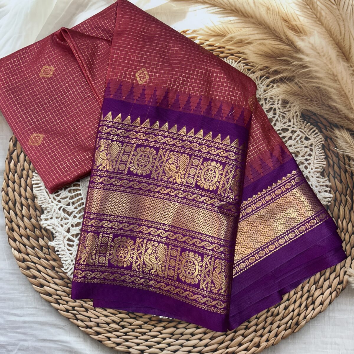 Maroon Purple Pallu Semi Gadwal Saree