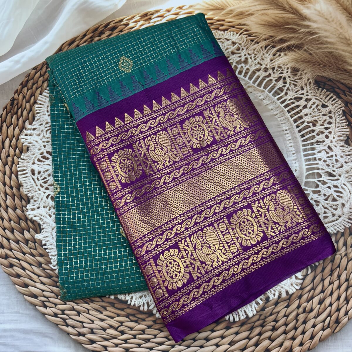 Peacock Green Purple Pallu Semi Gadwal Saree
