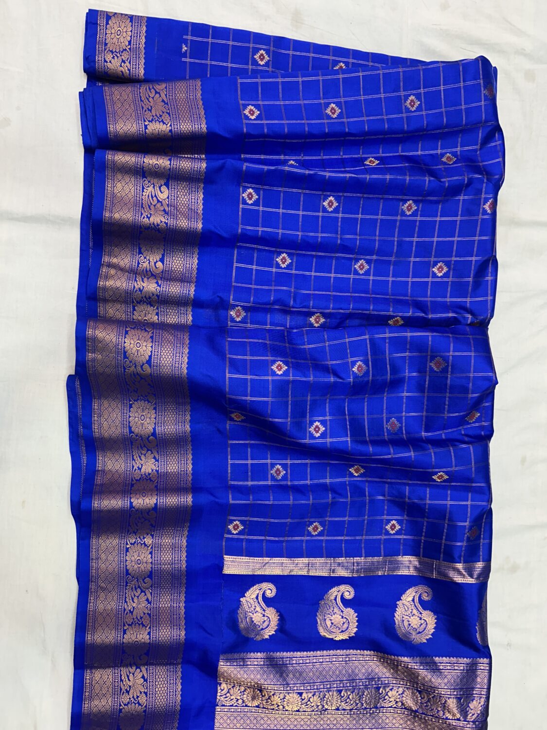 Royal Blue Self Pallu Checks Pure Silk Gadwal Saree