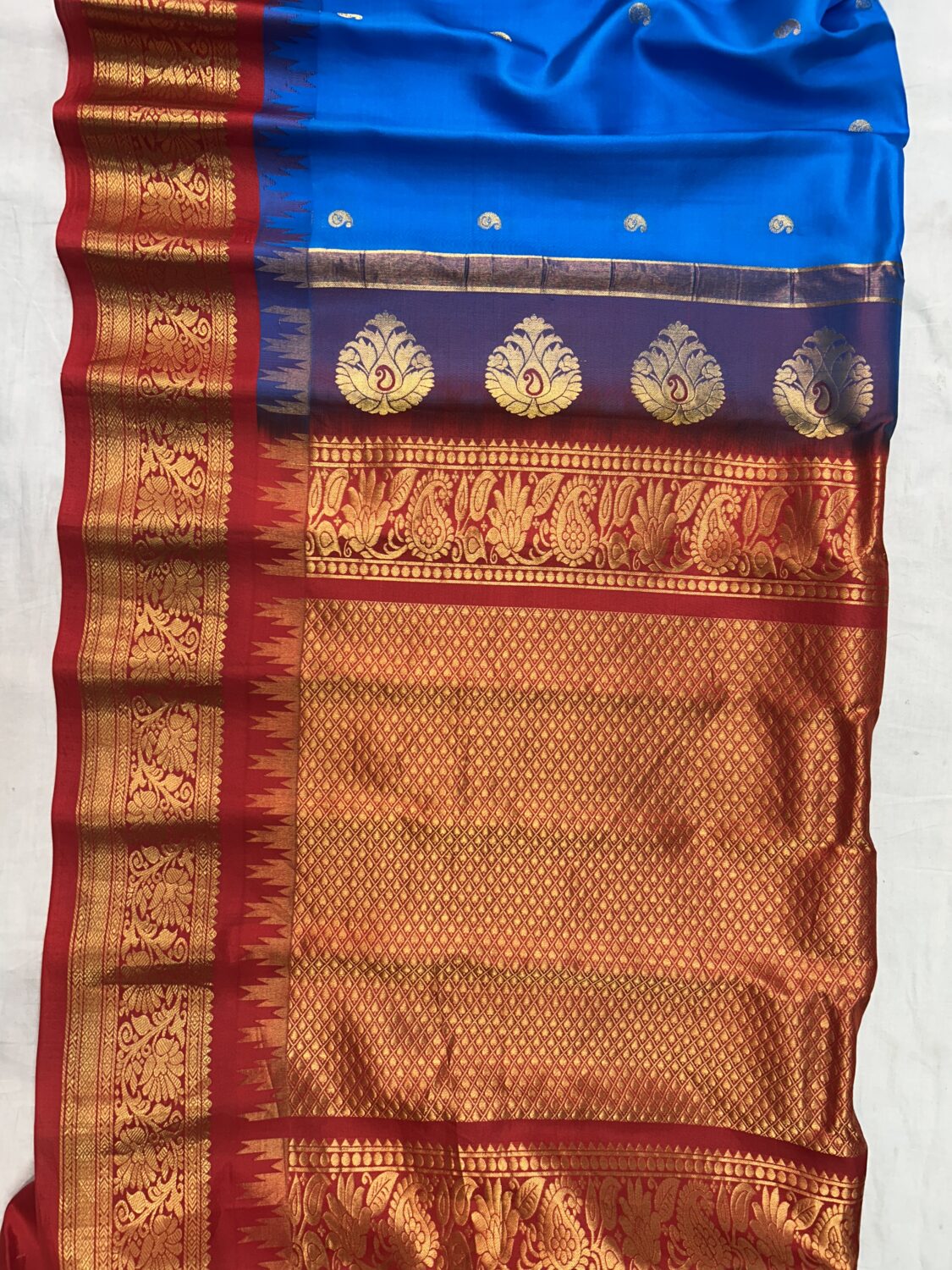 Bright Blue Red Pallu Pure Silk Gadwal Saree