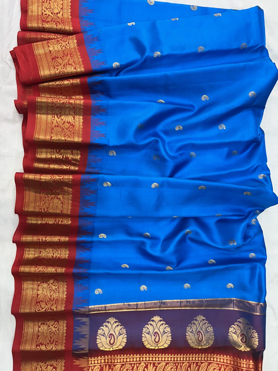 Bright Blue Red Pallu Pure Silk Gadwal Saree