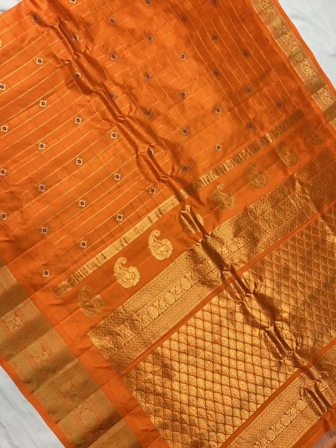 Orange Self Pallu Checks Pure Silk Gadwal Saree