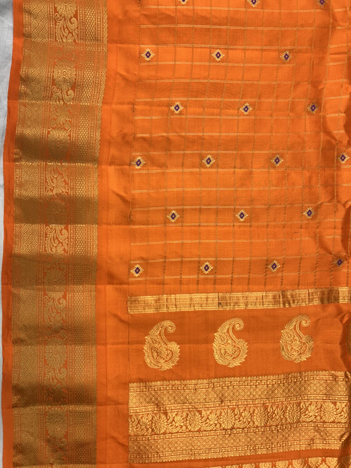 Orange Self Pallu Checks Pure Silk Gadwal Saree