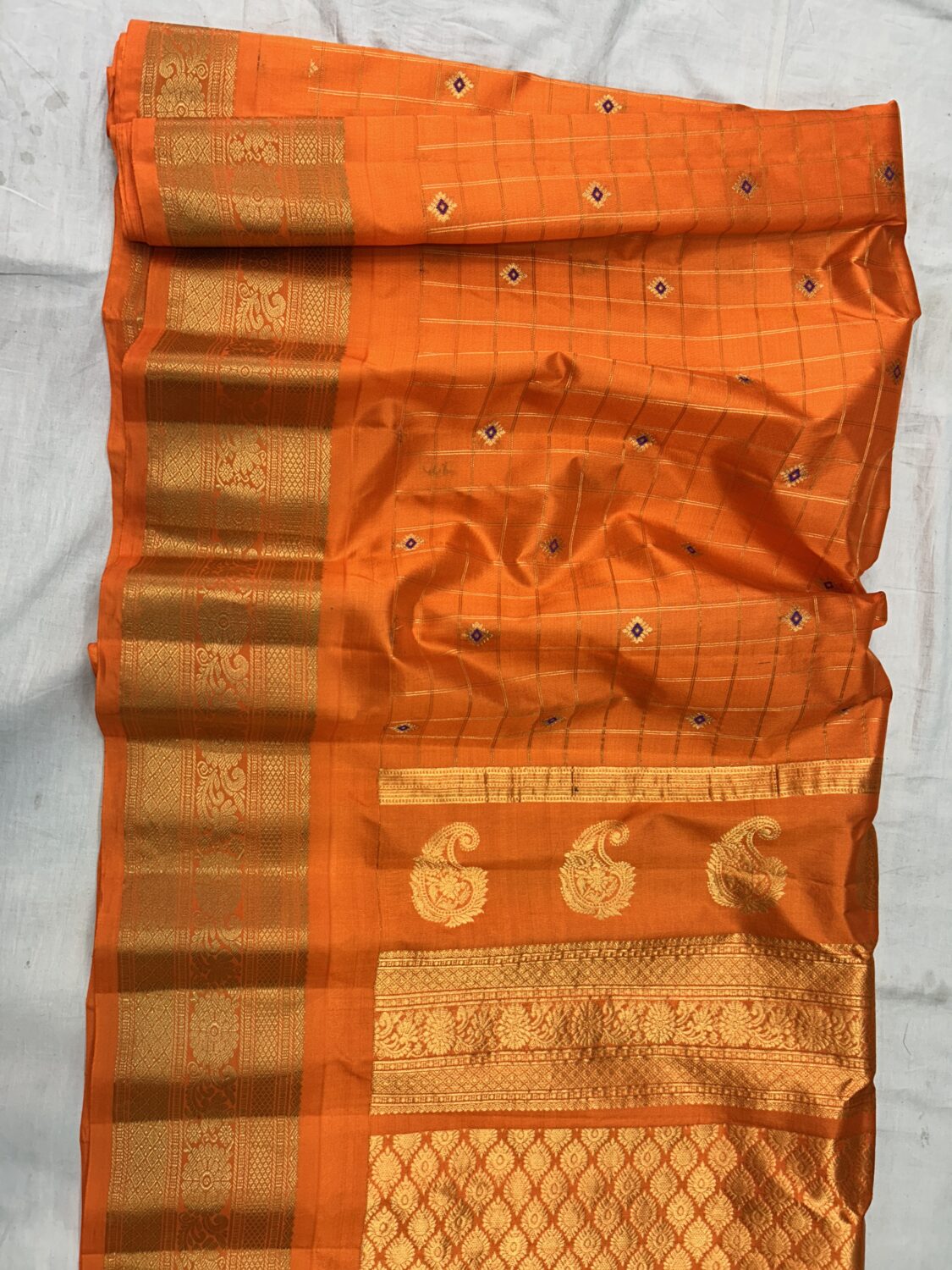 Orange Self Pallu Checks Pure Silk Gadwal Saree
