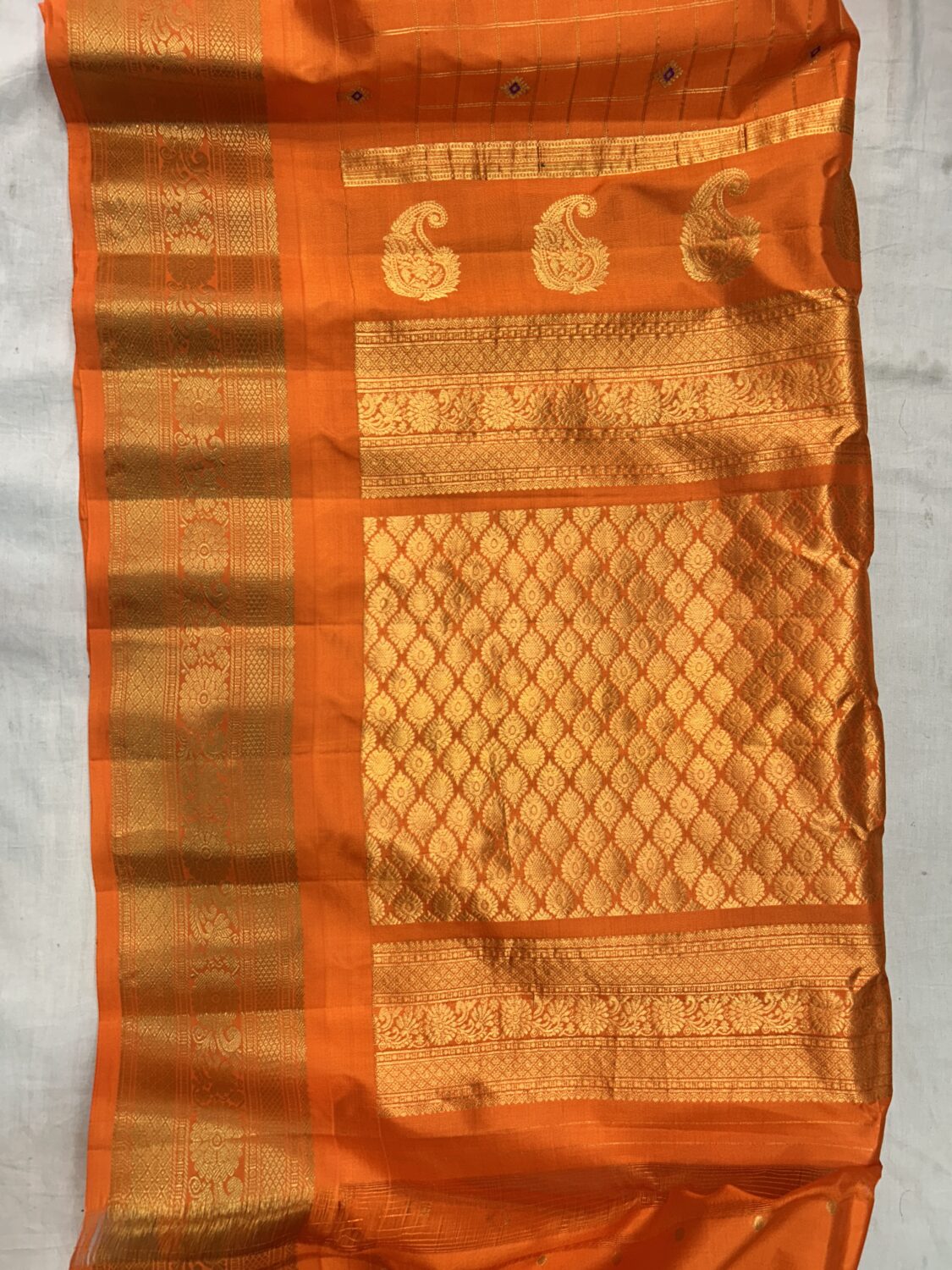 Orange Self Pallu Checks Pure Silk Gadwal Saree
