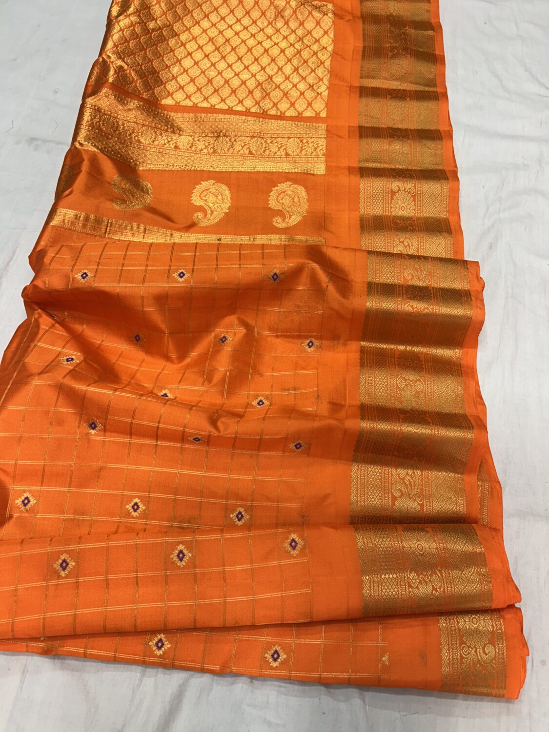 Orange Self Pallu Checks Pure Silk Gadwal Saree