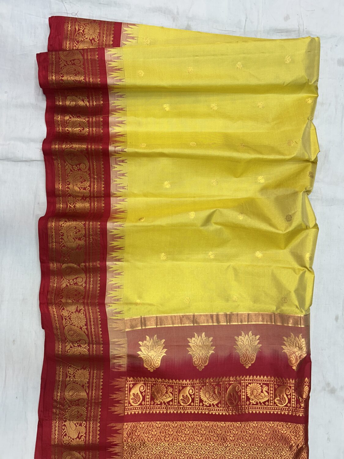 Lime Yellow Red Pallu Pure Silk Gadwal Saree